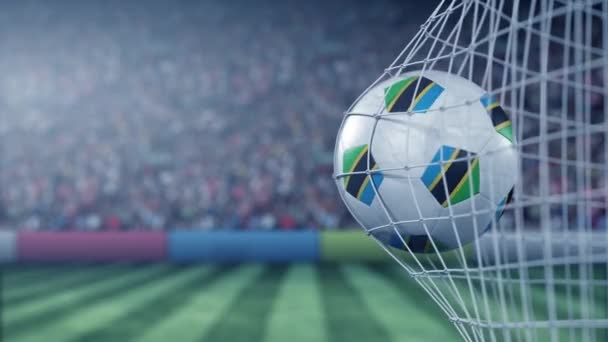 Bandera de Tanzania en el balón de fútbol golpeando la red de goles. Animación realista en cámara lenta 3D — Vídeo de stock
