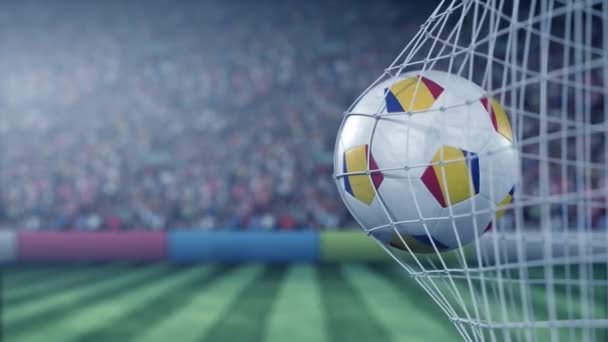 Flag of Romania on the ball in football net. Conceptual 3D animation — Stock Video