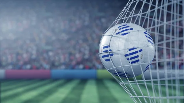 Bandeira do Uruguai no futebol batendo gol net de volta. Renderização 3D realista — Fotografia de Stock