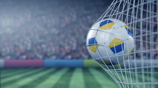 Bandeira da Ucrânia na bola em rede de futebol. Renderização 3D conceitual — Fotografia de Stock