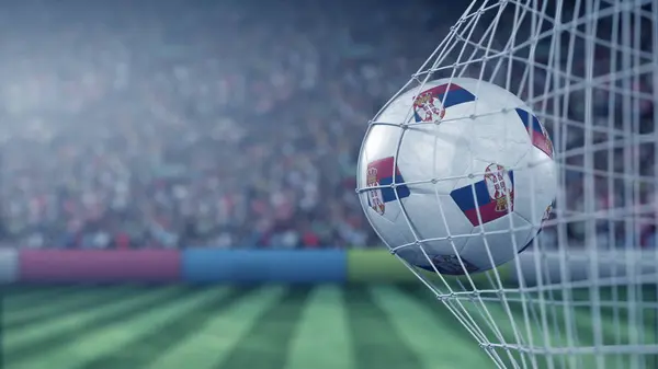 Flagge Serbiens auf dem Ball im Fußballnetz. konzeptionelles 3D-Rendering — Stockfoto