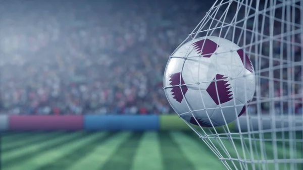Bandeira do Qatar na bola na rede de futebol. Renderização 3D conceitual — Fotografia de Stock