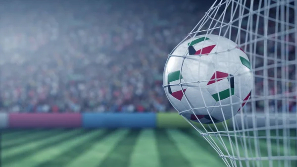 Bandera de Kuwait en la pelota en la red de fútbol. Renderizado 3D conceptual — Foto de Stock