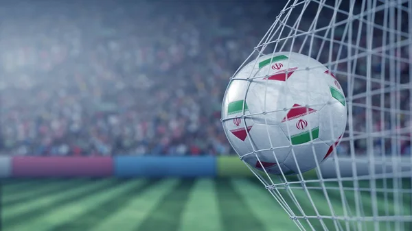 Bandeira do Irã no futebol batendo gol net de volta. Renderização 3D realista — Fotografia de Stock