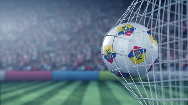 Σημαία του Ισημερινού στο ποδόσφαιρο χτυπά το δίχτυ πίσω. Ρεαλιστική 3D απόδοση — Φωτογραφία Αρχείου