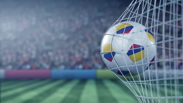 Bandeira da Colômbia no futebol batendo gol net de volta. Renderização 3D realista — Fotografia de Stock