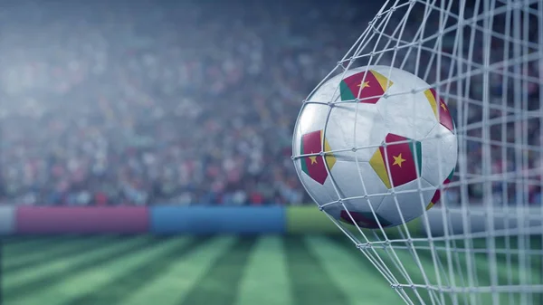Σημαία του Καμερούν στο ποδόσφαιρο χτυπώντας τον στόχο πίσω. Ρεαλιστική 3D απόδοση — Φωτογραφία Αρχείου