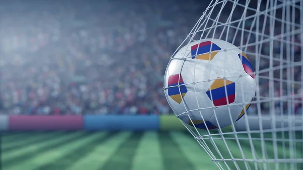 Bandeira da Armênia no futebol batendo gol net de volta. Renderização 3D realista — Fotografia de Stock