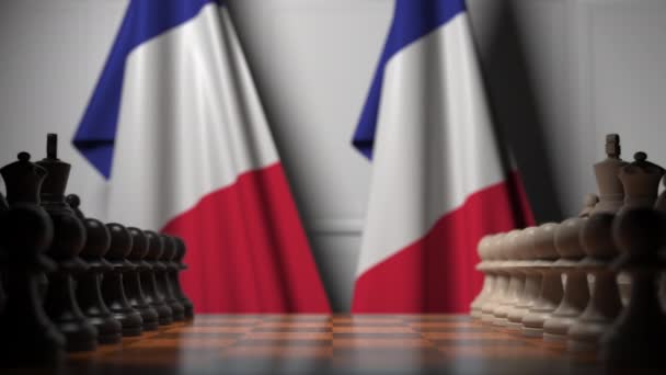 Satranç tahtasının arkasında Fransa bayrakları. İlk piyon oyunun başında hareket eder. Siyasi rekabet kavramsal 3d animasyon — Stok video