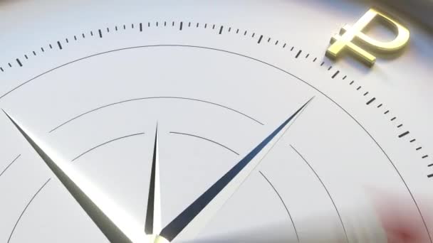 Šipka kompasu se otáčí směrem k symbolu RUB Rubble. Ukazatel Forex, finanční poradenství nebo Ruské investice související koncepční 3D animace — Stock video