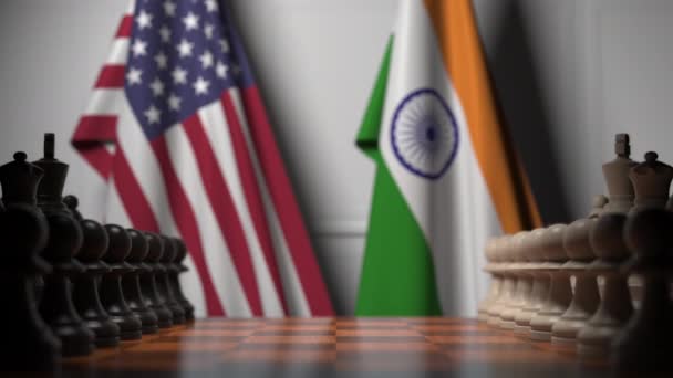 Gra w szachy przeciwko flagi USA i Indii. Animacja 3D związana z konkurencją polityczną — Wideo stockowe