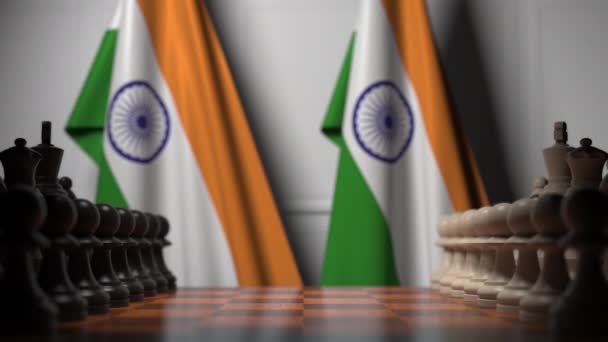 Jogo de xadrez contra bandeiras da Índia. Animação 3D relacionada à competição política — Vídeo de Stock