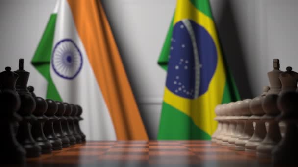Šachová hra proti prapory Indie a Brazílie. Politická soutěž související s 3D animací — Stock video