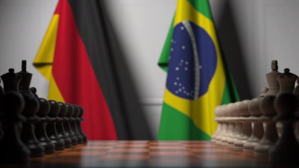 国际象棋比赛对阵德国和巴西的国旗。政治竞争相关3D动画 — 图库视频影像
