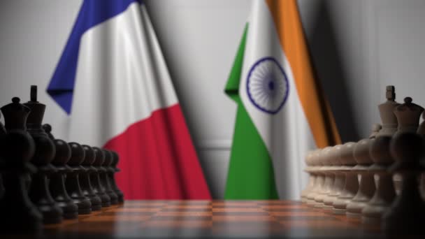 国际象棋比赛对阵法国和印度的国旗。政治竞争相关3D动画 — 图库视频影像