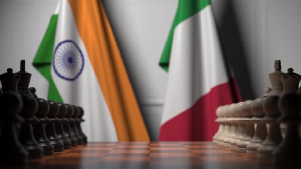 Juego de ajedrez contra banderas de India e Italia. Competencia política relacionada con la animación 3D — Vídeos de Stock