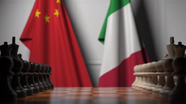 Partita a scacchi contro le bandiere di Cina e Italia. Animazione 3D relativa al concorso politico — Video Stock