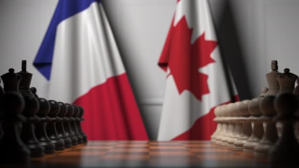 Pertandingan catur melawan bendera Prancis dan Kanada. Kompetisi politik terkait animasi 3D — Stok Video