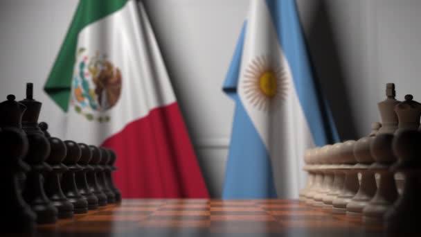 Banderas de México y Argentina detrás de peones en el tablero de ajedrez. Juego de ajedrez o rivalidad política relacionada con la animación 3D — Vídeos de Stock