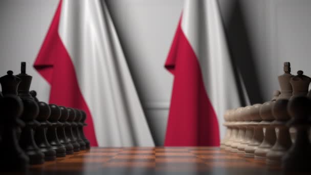Bandeiras da Polónia atrás de peões no tabuleiro de xadrez. Jogo de xadrez ou rivalidade política relacionada com animação 3D — Vídeo de Stock