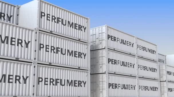 Container jarda cheia de recipientes com perfumaria. Animação 3D loopable relacionada à produção, exportação ou importação — Vídeo de Stock