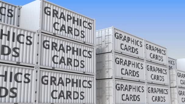 Контейнерний термінал, повний контейнерів з комп'ютерними графічними картками. Виробництво, експорт або імпорт пов'язаних з циклічною 3D анімацією — стокове відео