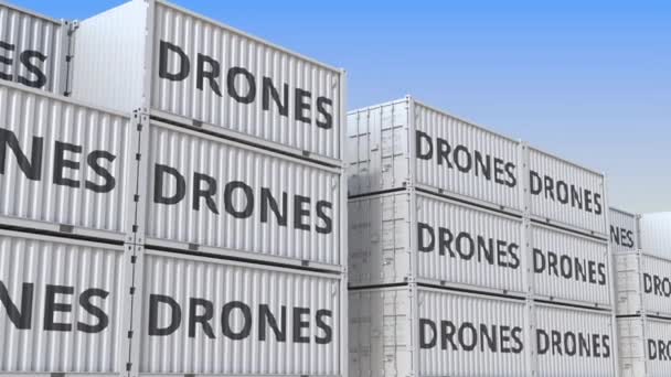 Container terminal vol met containers met drones. Productie, export of import gerelateerde loop bare 3D-animatie — Stockvideo