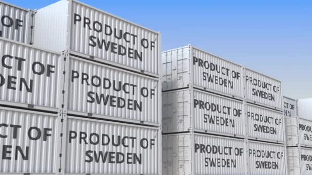 Cargo containers with PRODUCT OF SWEDEN text. Swedish import or export related loopable 3D animation — Stock Video