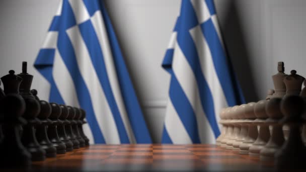 Banderas de Grecia detrás de peones en el tablero de ajedrez. Juego de ajedrez o rivalidad política relacionada con la animación 3D — Vídeo de stock