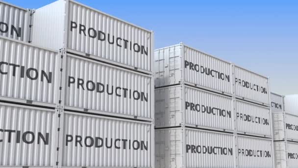 Containers met productie tekst. Loop bare 3D-animatie — Stockvideo