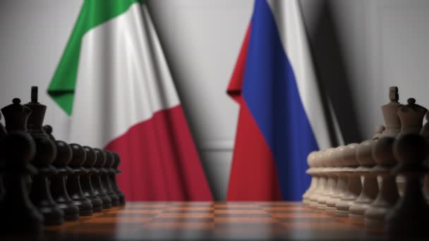Chess game against flags of Italy and Russia. Political competition related 3D animation — Stock Video