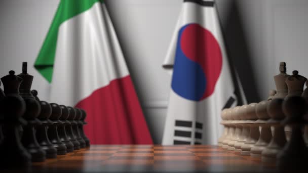 Skak spil mod flag i Italien og Sydkorea. Politisk konkurrence relateret 3D-animation – Stock-video