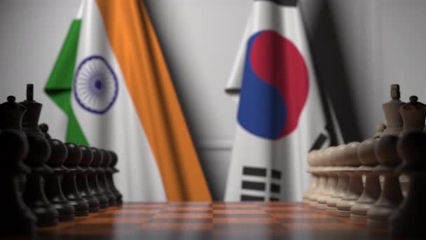 Schack spel mot flaggor i Indien och Sydkorea. Politisk tävlingsrelaterade 3D-animering — Stockvideo