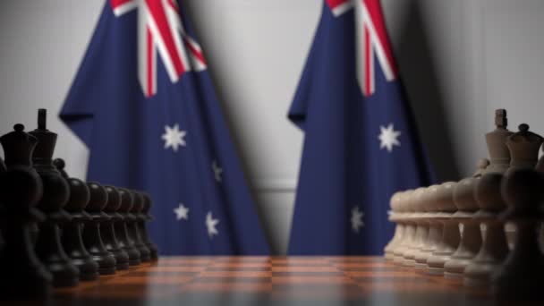 Juego de ajedrez contra banderas de Australia. Competencia política relacionada con la animación 3D — Vídeo de stock