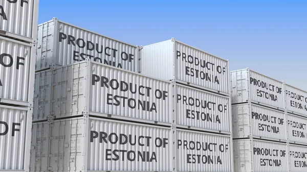 에스토니아 텍스트의 제품 컨테이너. 에스토니아어 가져오기 또는 내보내기 관련 3D 렌더링 — 스톡 사진