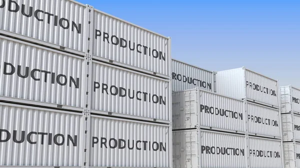 Container mit Produktionstext. 3D-Darstellung — Stockfoto