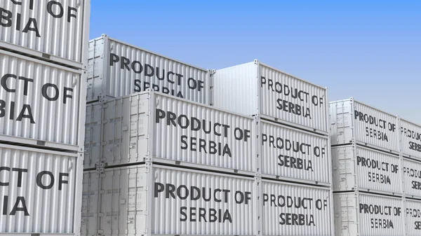 Контейнери з продуктом тексту Сербії. Сербська імпорт або експорт пов'язаних 3D-візуалізації — стокове фото