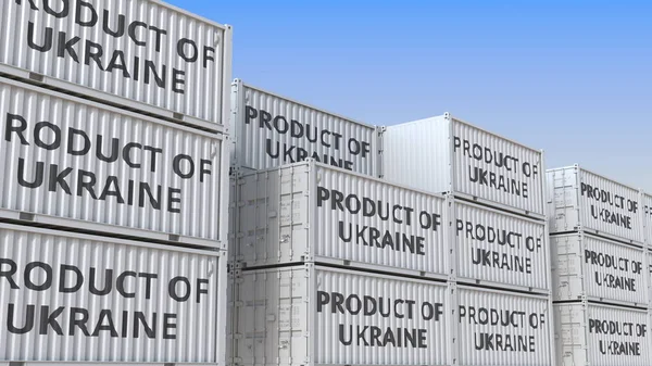 Containers with PRODUCT OF UKRAINE text. Ukrainian import or export related 3D rendering — Stock Photo, Image