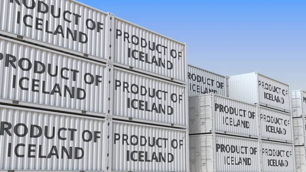 Contenitori di carico con testo PRODOTTO D'ISLANDA. Rendimenti 3D relativi all'importazione o all'esportazione islandese — Foto Stock