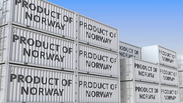 Az áruszállító konténer a norvég termék szöveggel. Norvég import vagy export kapcsolódó 3D renderelés — Stock Fotó