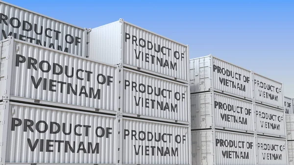 Kontenery z produktem Wietnamu tekst w terminalu kontenera, renderowanie 3D — Zdjęcie stockowe
