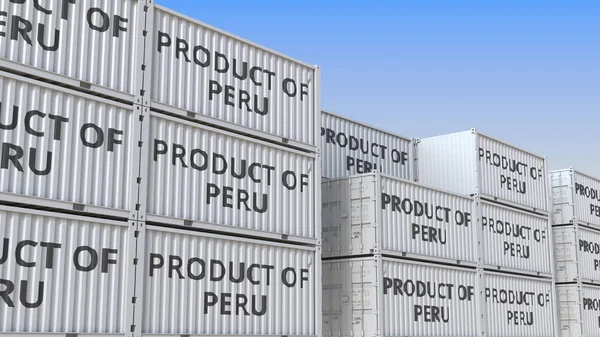 Контейнери з продуктом тексту Перу. Перуанський імпорт або експорт пов'язаних 3D візуалізації — стокове фото