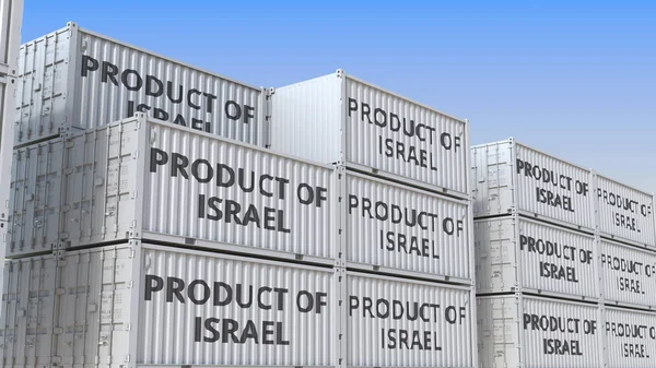 Container mit dem Produkt israel text in einem Containerterminal, 3D-Rendering — Stockfoto