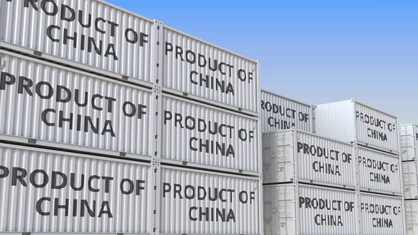 Containers with PRODUCT OF CHINA text, 3D rendering — Stock Photo, Image
