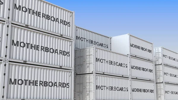 Frachtcontainer mit Computermotherboards. 3D-Darstellung — Stockfoto