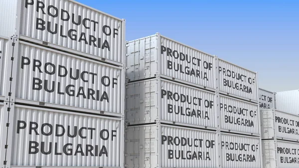 ブルガリアの製品テキストを持つ貨物コンテナ。ブルガリアのインポートまたはエクスポート関連の 3D レンダリング — ストック写真