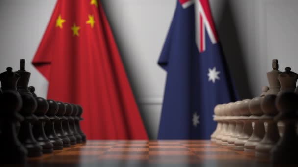 Chess game against flags of China and Australia. Political competition related 3D animation — Stock Video