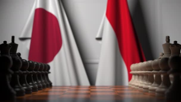 Jeu d'échecs contre les drapeaux du Japon et de l'Indonésie. Animation 3D liée à la compétition politique — Video