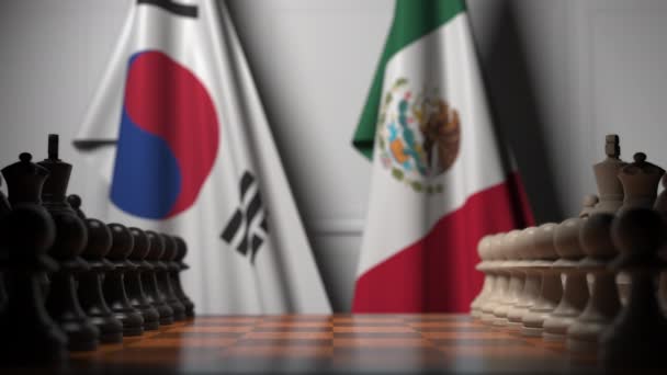 Schachspiel gegen Flaggen Koreas und Mexikos. politische Konkurrenz im Zusammenhang mit 3D-Animation — Stockvideo