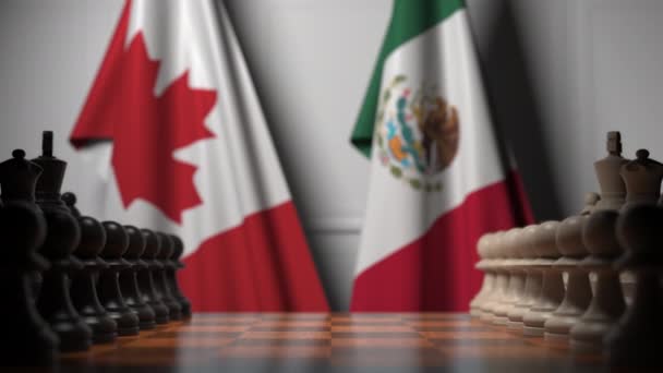 Juego de ajedrez contra banderas de Canadá y México. Competencia política relacionada con la animación 3D — Vídeos de Stock